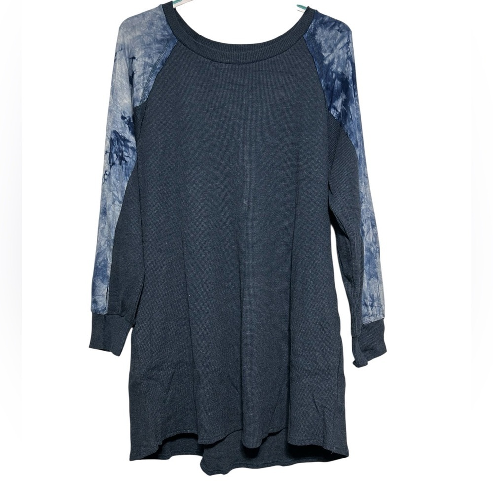 Umgee Tie Dye Raglan Sleeve Waffle Knit Mini Dress - Blue Mix Size Medium